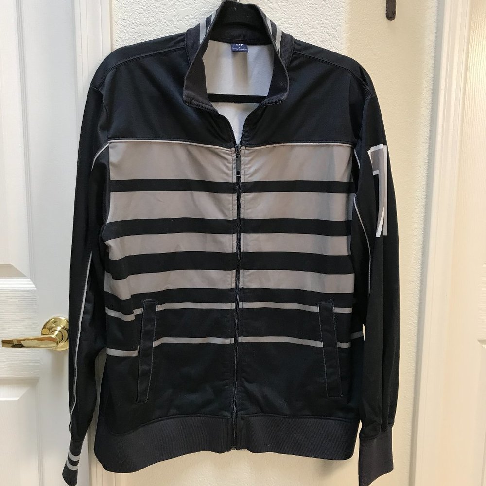 GAP Men's Black and Gray Striped Track Jacket